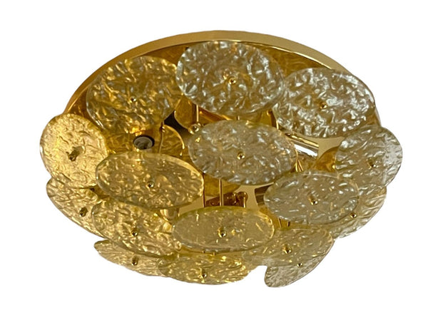 Italian "Galattico" Flush Mount with Gold Textured Murano Glass Discs, 1980's.
