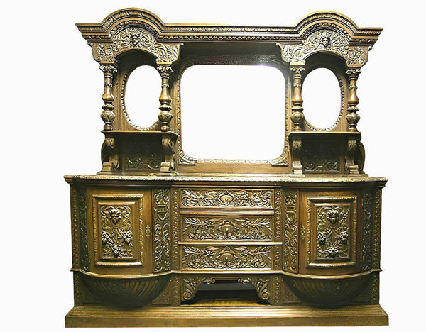 American Victorian Oak Sideboard with Carved Details & Triple Mirror, c.1880
