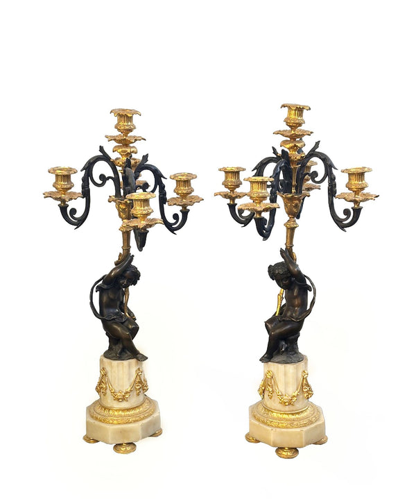 Pair of French 19th Century Putti Candelabras on Marble Base