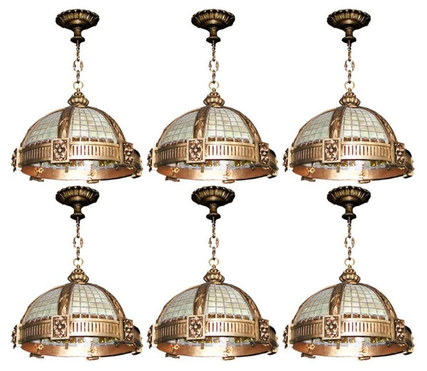 Six Late 19th C. Oversized French Bronze Pendants w/ Stained Glass & Amber Trim