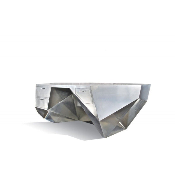 Minimalist “Popova” Desk in Brushed Stainless Steel with Mahogany Drawers. U.S.A
