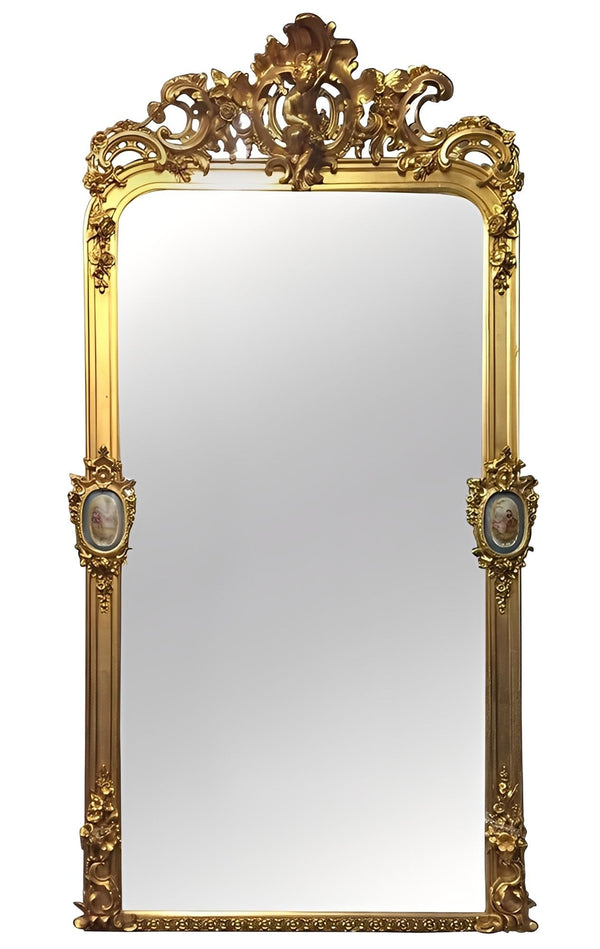 Large French 19th Century Rococo Giltwood Mirror with Sevres Porcelain Plaques