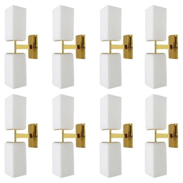Set of Eight Italian Modern Sconces w/ White Murano Glass on Brass, 1990s