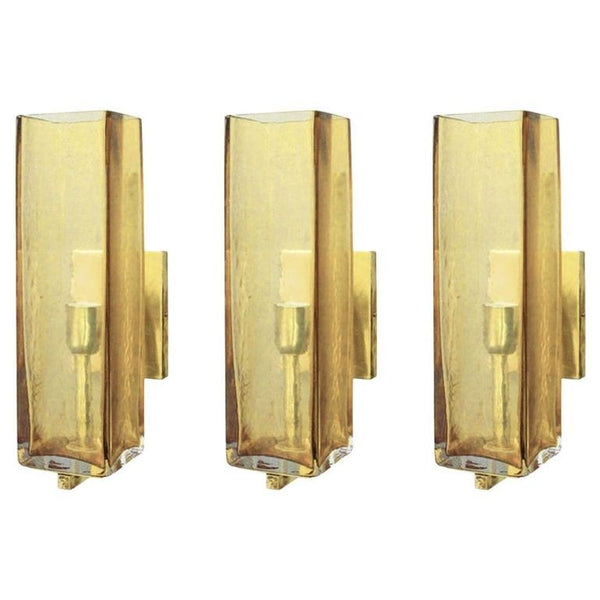 Set of Three Murano Amber Glass & Brass Sconces, Italy, 1980's.