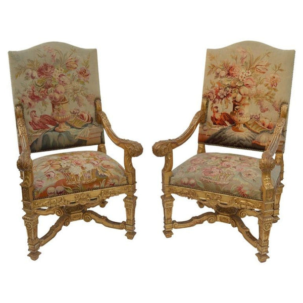 Pair of Large Late 19th Century French Neoclassical Gilded Walnut Armchairs