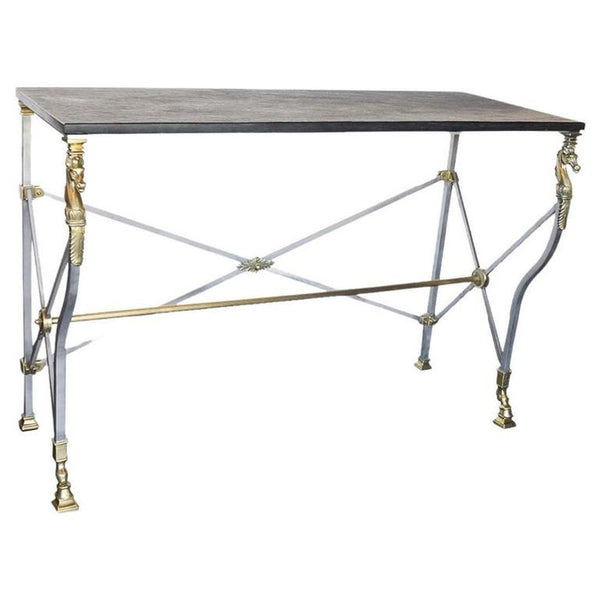 Neoclassical Revival Italian Bronze & Steel Console Table w Horse details. 1950s