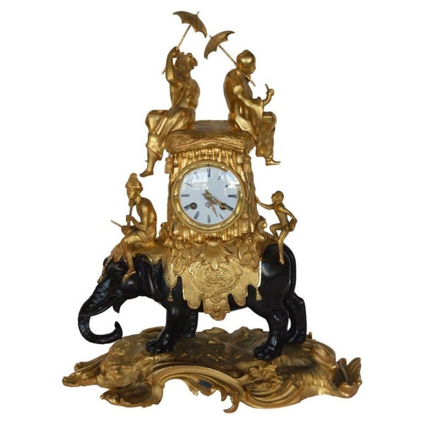 19th C Louis XV Style Gilt Bronze Elephant Clock Signed by Barreau F. de Bronzes