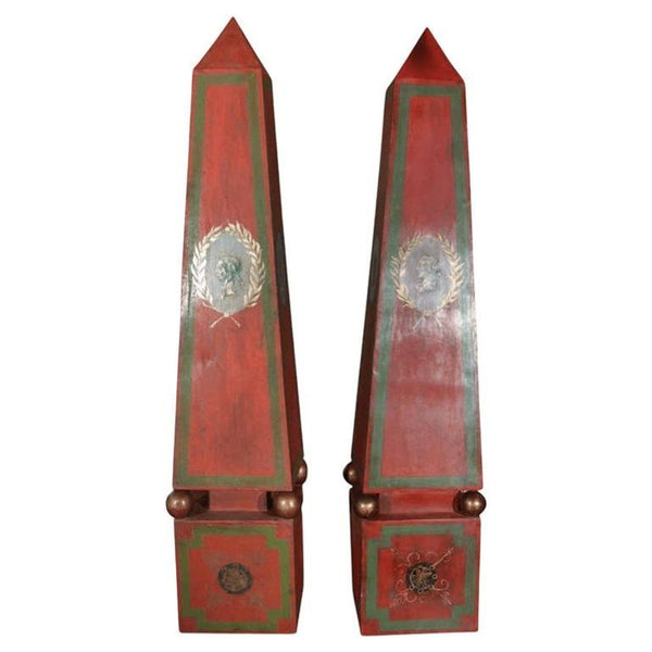 Large Pair of Vintage Tole Obelisks in Red, Green & Gold. Italy, 20th Century.