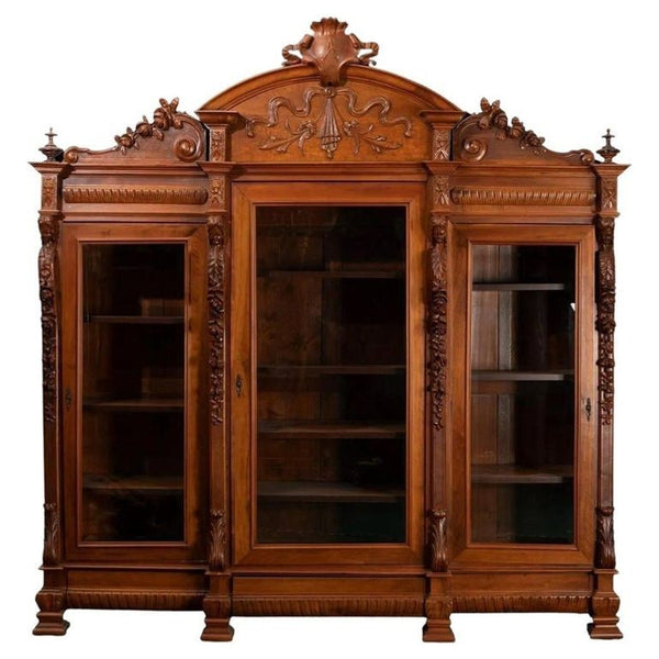 Monumental Late 19th Century Italian Walnut Three-Door Bookcase