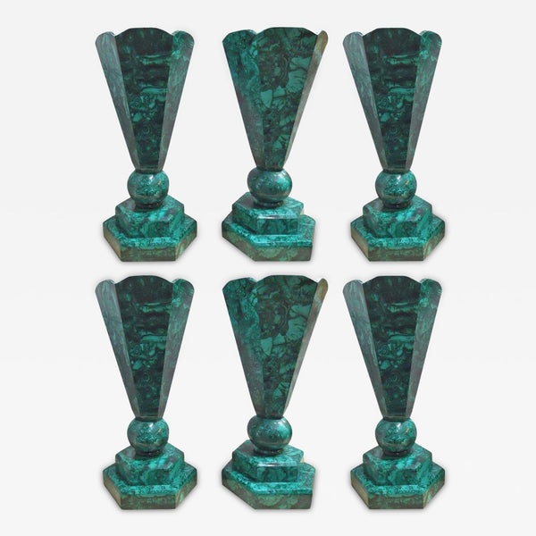 Impressive Set of 6 Malachite Vases, Congo, 1960's.