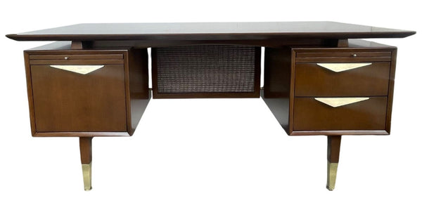 MCM Executive Walnut Desk with Brass & Cane Details. Denmark, 1960's.