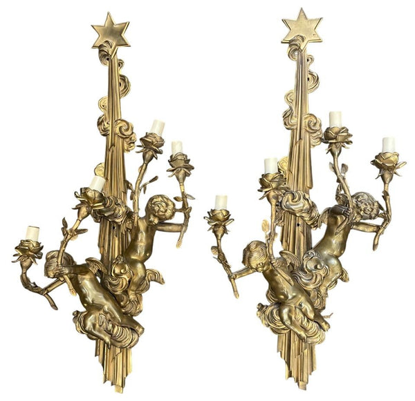 Pair of French Gilt Bronze Figural Four-Light Sconces, Late 19th Century.