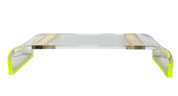 Long Acrylic Coffee Table w/ Brass & Fluorescent Green Details, U.S.A 1980's.