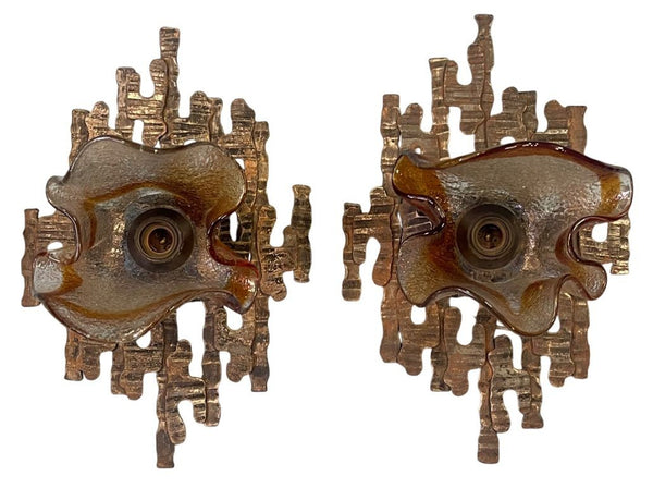 Pair of Murano Glass Sconces by Mazzega on Brutalist Metal Frames. Italy, 1970's