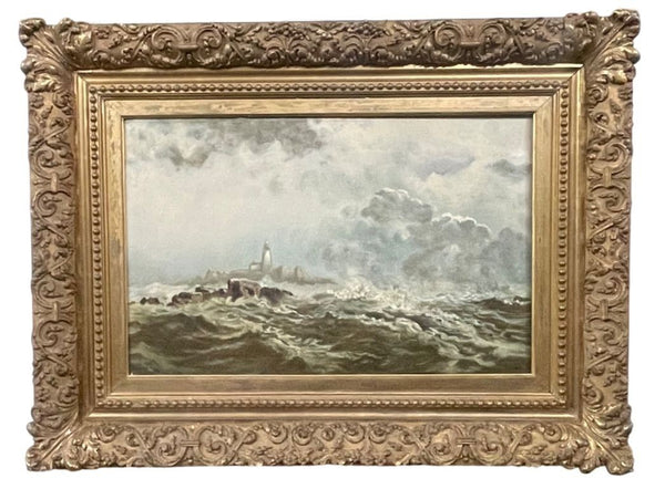 19th Century Oil on Canvas Seascape with Lighthouse.