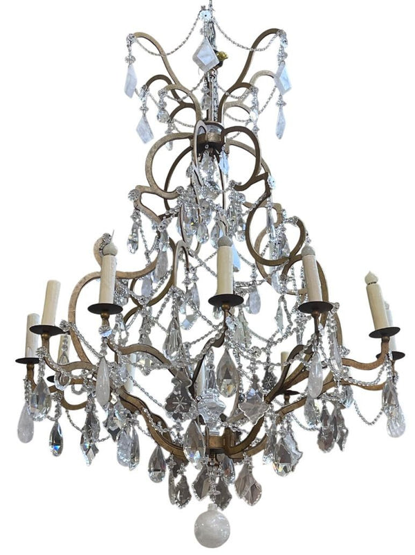 Monumental Italian Rock Crystal & Wrought Iron Chandelier, 20th Century.