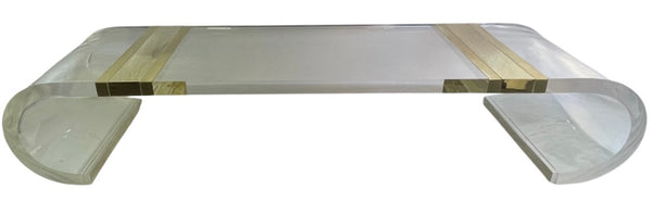 Massive Scroll Acrylic Coffee Table w Curved Legs & Brass Details. U.S.A. 1980's