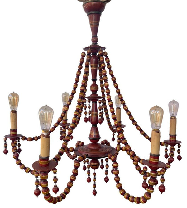1950's Turkish Hand-Carved Wooden 6-Arm Chandelier Beaded & Hand-Painted