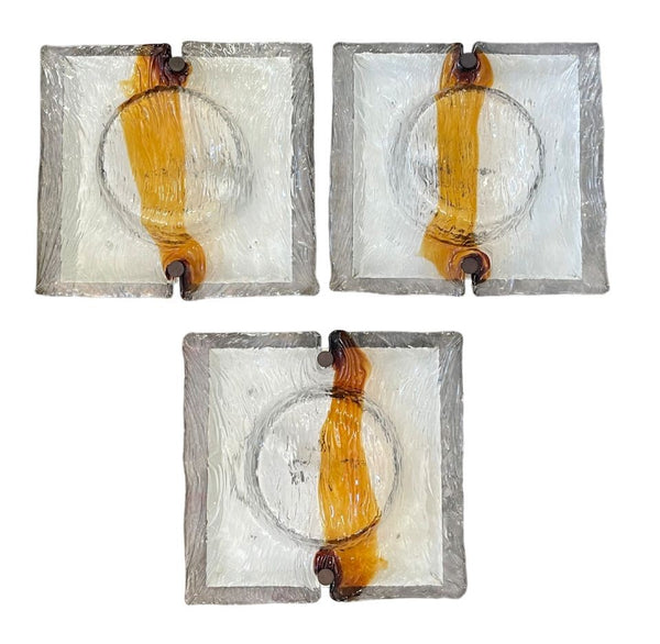 Three Large "Quilt" Sconces/Flush Mount by Toni Zuccheri for Venini, Italy 1960s