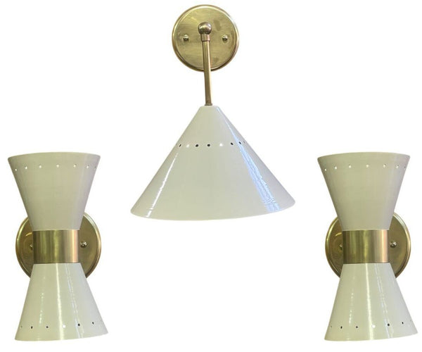 Pair Italian Sconces w Enameled Shades & Matching Pendant in Style of Stilnovo