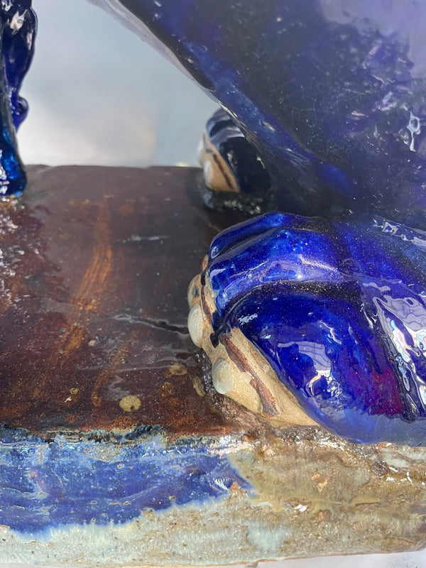 19thC. Oversized Chinese Cobalt Blue Glazed Earthenware Models of Mythical Beast