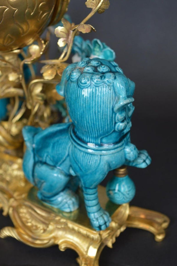 Rococo Chinosoiserie Style Three-Piece Gilt Bronze and Porcelain Clock Garniture