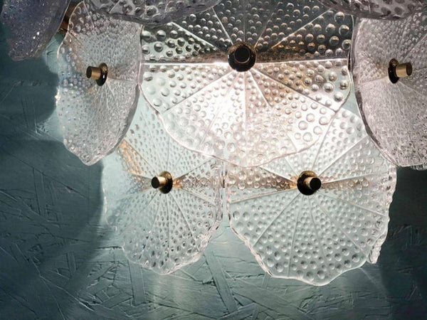 Pair of Clear Round Petal Murano Glass & Polished Brass Sconces, Italy, 1980's.