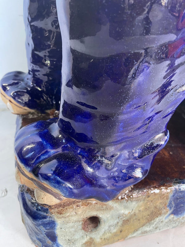 19thC. Oversized Chinese Cobalt Blue Glazed Earthenware Models of Mythical Beast