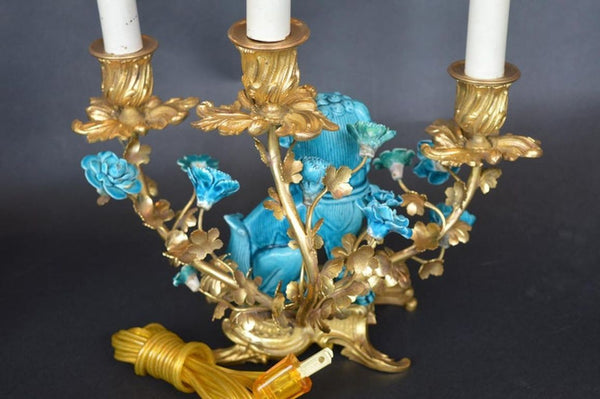 Rococo Chinosoiserie Style Three-Piece Gilt Bronze and Porcelain Clock Garniture