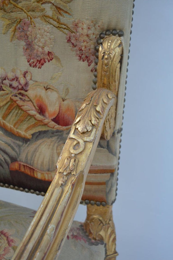 Pair of Large Late 19th Century French Neoclassical Gilded Walnut Armchairs