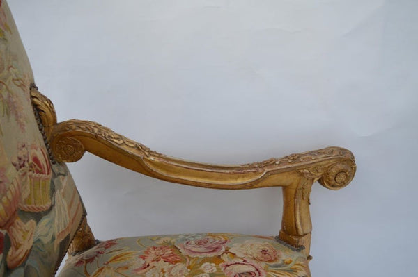 Pair of Large Late 19th Century French Neoclassical Gilded Walnut Armchairs