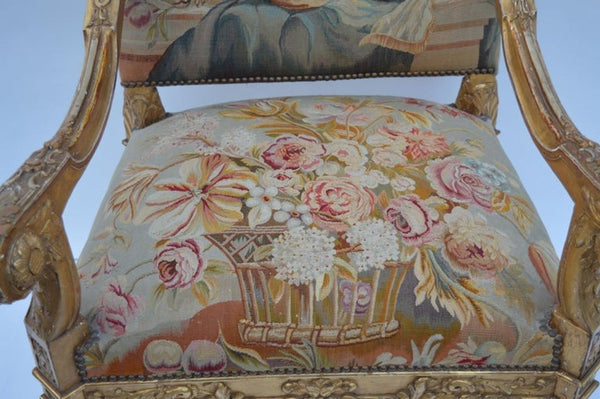 Pair of Large Late 19th Century French Neoclassical Gilded Walnut Armchairs