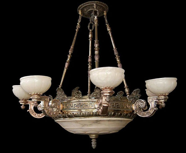 19th C. American Victorian Bronze Eight-Arm Justice Chandelier Alabaster Shades