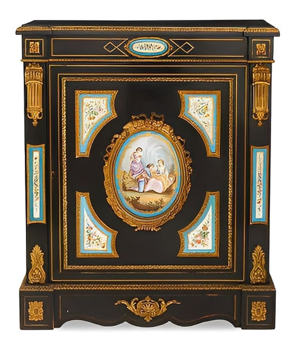 Pair of French Mid-19th C. Napoleon III Sevres-Mounted Ebonized Parlor Cabinets