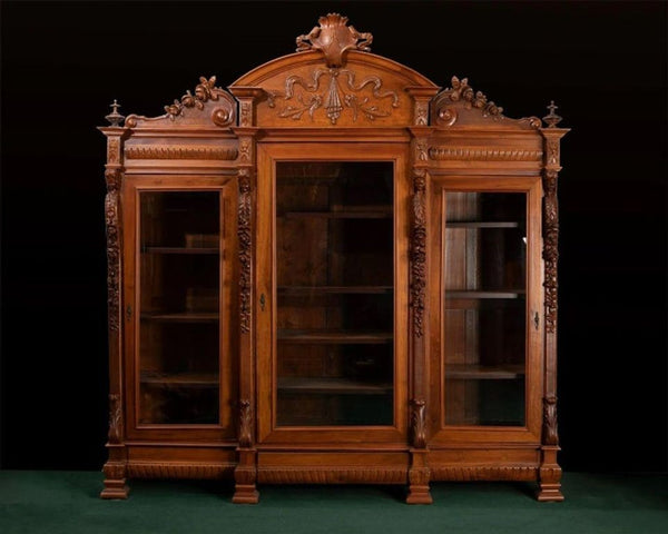 Monumental Late 19th Century Italian Walnut Three-Door Bookcase