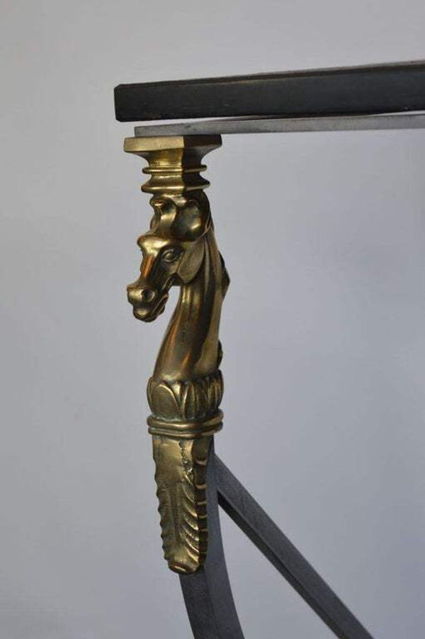 Neoclassical Revival Italian Bronze & Steel Console Table w Horse details. 1950s