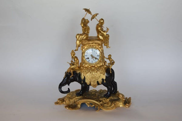 19th C Louis XV Style Gilt Bronze Elephant Clock Signed by Barreau F. de Bronzes