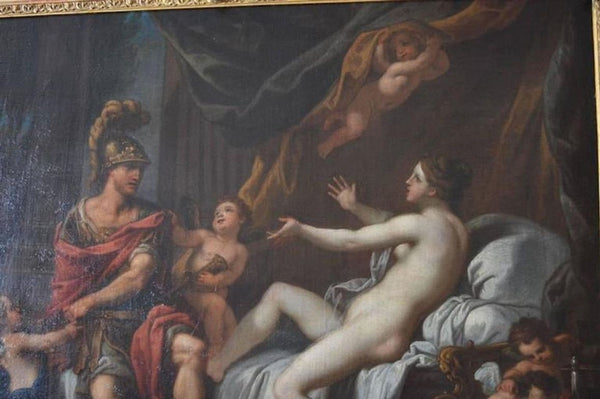 18th C. French School Oil Painting of Mars & Venus w/ Putti in a Giltwood Frame.