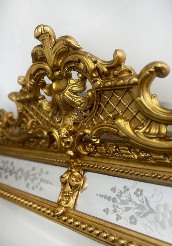 French Louis XV Style Hand-Carved Gilt Mirror w/ Etched Glass, Late 19th Century