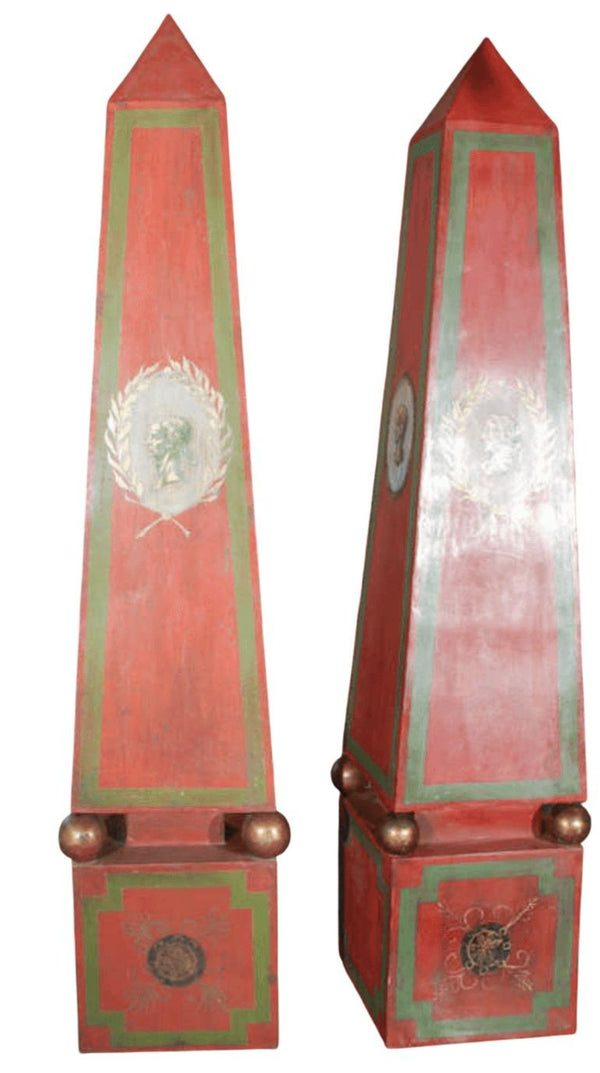 Large Pair of Vintage Tole Obelisks in Red, Green & Gold. Italy, 20th Century.