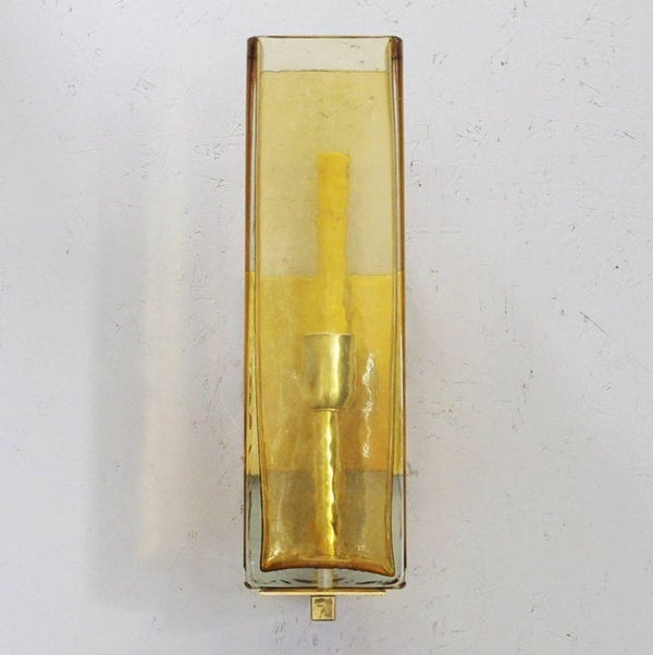 Set of Three Murano Amber Glass & Brass Sconces, Italy, 1980's.