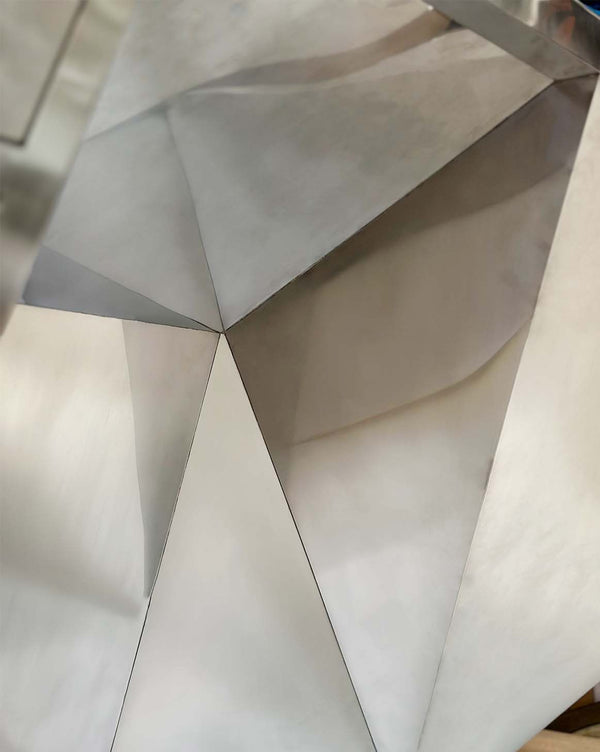 Minimalist “Popova” Desk in Brushed Stainless Steel with Mahogany Drawers. U.S.A