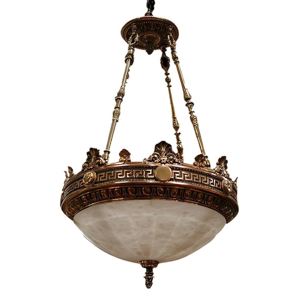Pair of Justice Chandelier – Early 20th C. Beaux-Arts Bronze & Alabaster Fixture