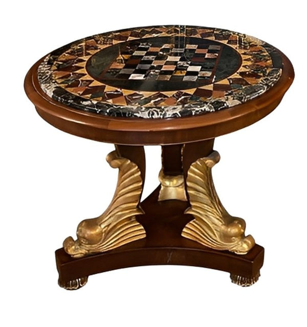 Pair Italian Early 20th C. Pietra Dura Chess Tables with Mahogany and Gilt Bases