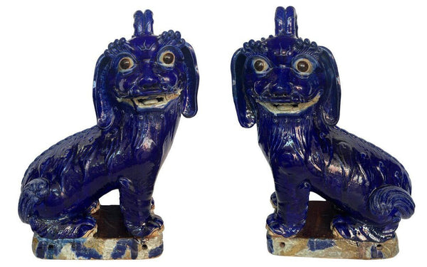 19thC. Oversized Chinese Cobalt Blue Glazed Earthenware Models of Mythical Beast