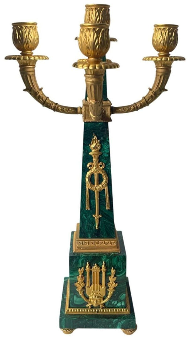 Pair of Early 20th C. French Malachite Candelabras with Gilt Bronze Details.