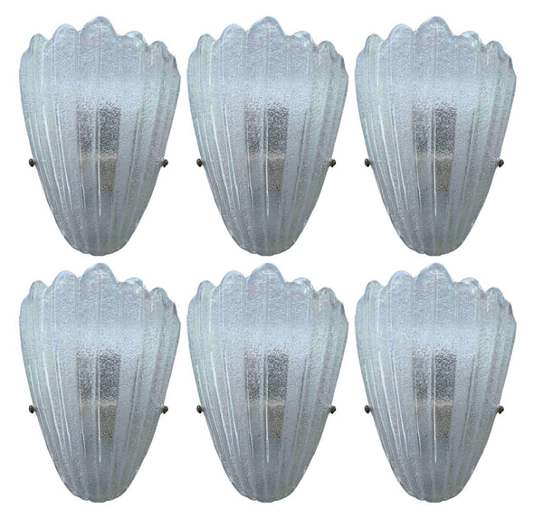 Set of Twelve Clear Graniglia Shield Murano Glass Sconces. Italy, 1960's.