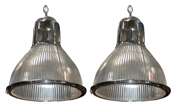 Set of Four Original Holophane Nickel & Glass Pendant Lights, U.S.A. c. 1920s