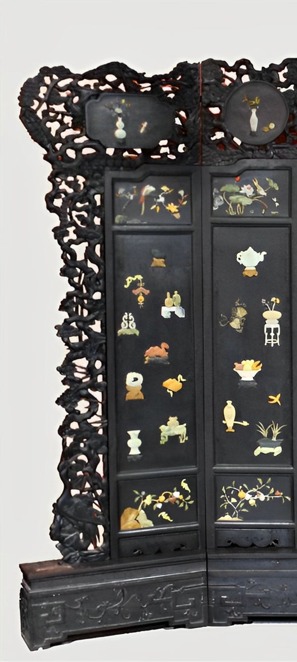 Chinese Seven-Panel Inlaid Zitan Screen Qing Dynasty/Republic Period Late 19th C
