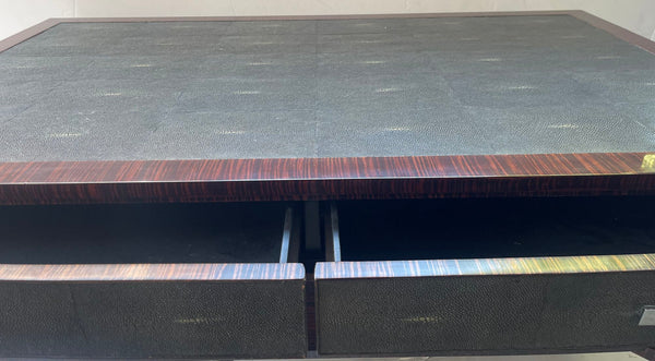 Art Deco Style Macassar Wood & Shagreen Coffee Table w/ Nickel. Italy, 1970's.